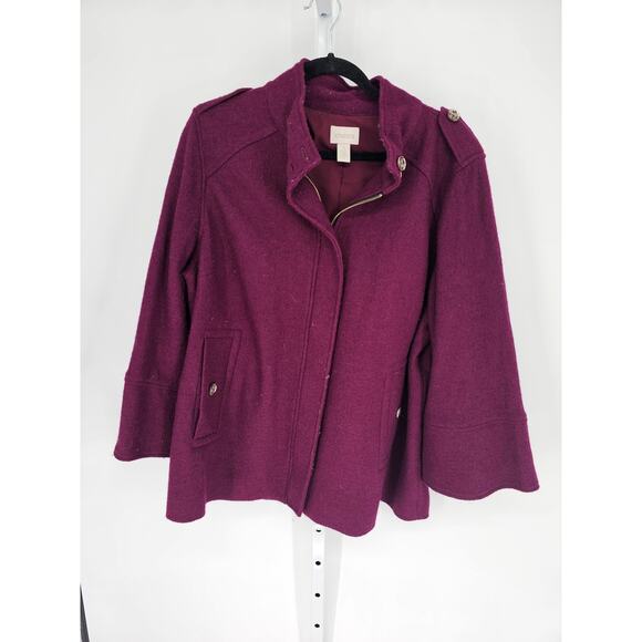 Chico's Women's Long Sleeve Burgundy Full-Zip Front Collared Wool Jacket Size 3 - Picture 1 of 6